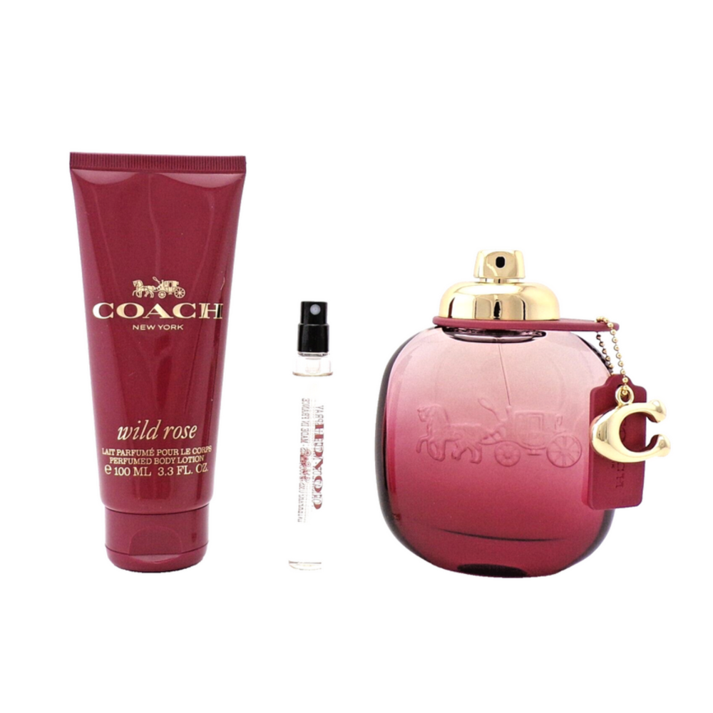 طقم عطر وايلد روز من كوتش للنساء أو دو برفان 90 مل + أو دو برفان 75 مل + لوشن الجسم المعطر 100 مل